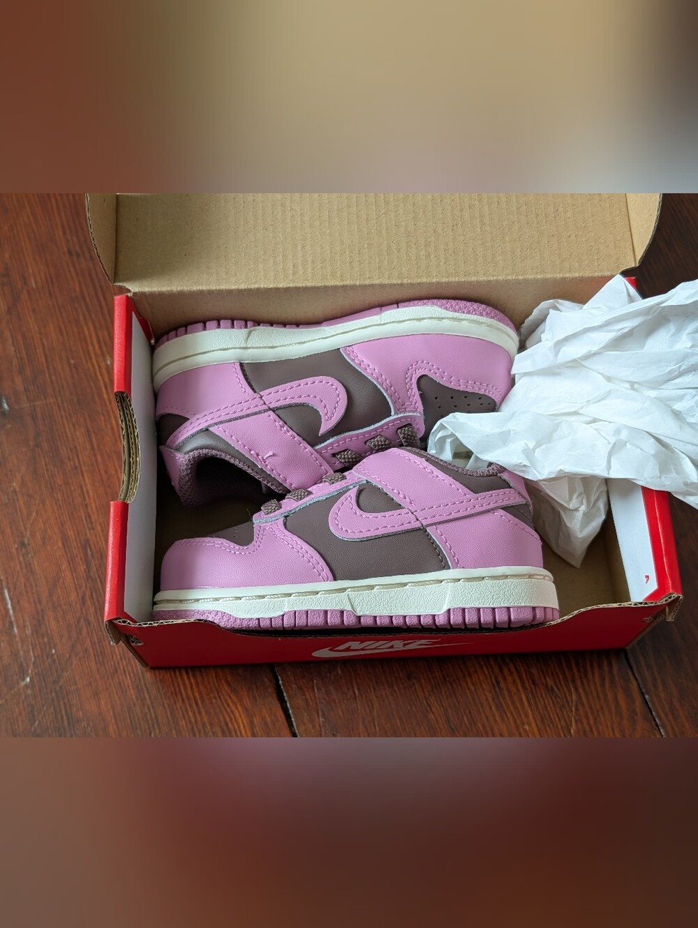 Nike Kids Pink and Brown Low-Top Sneakers with Hook-and-Loop Strap
